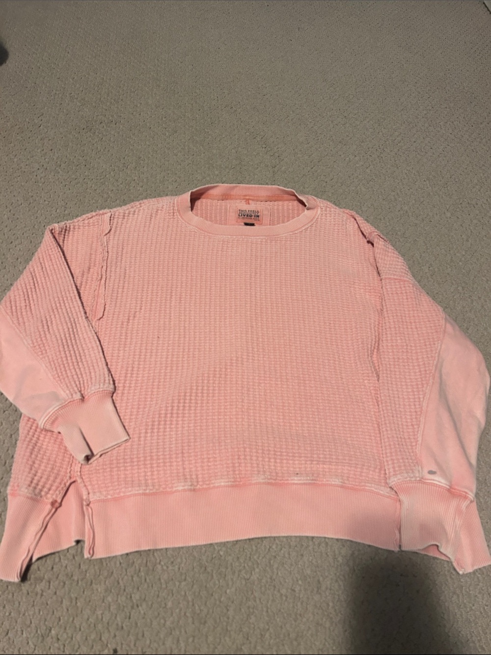 American Eagle Outfitters Pink Waffle-Knit Crewneck Sweatshirt